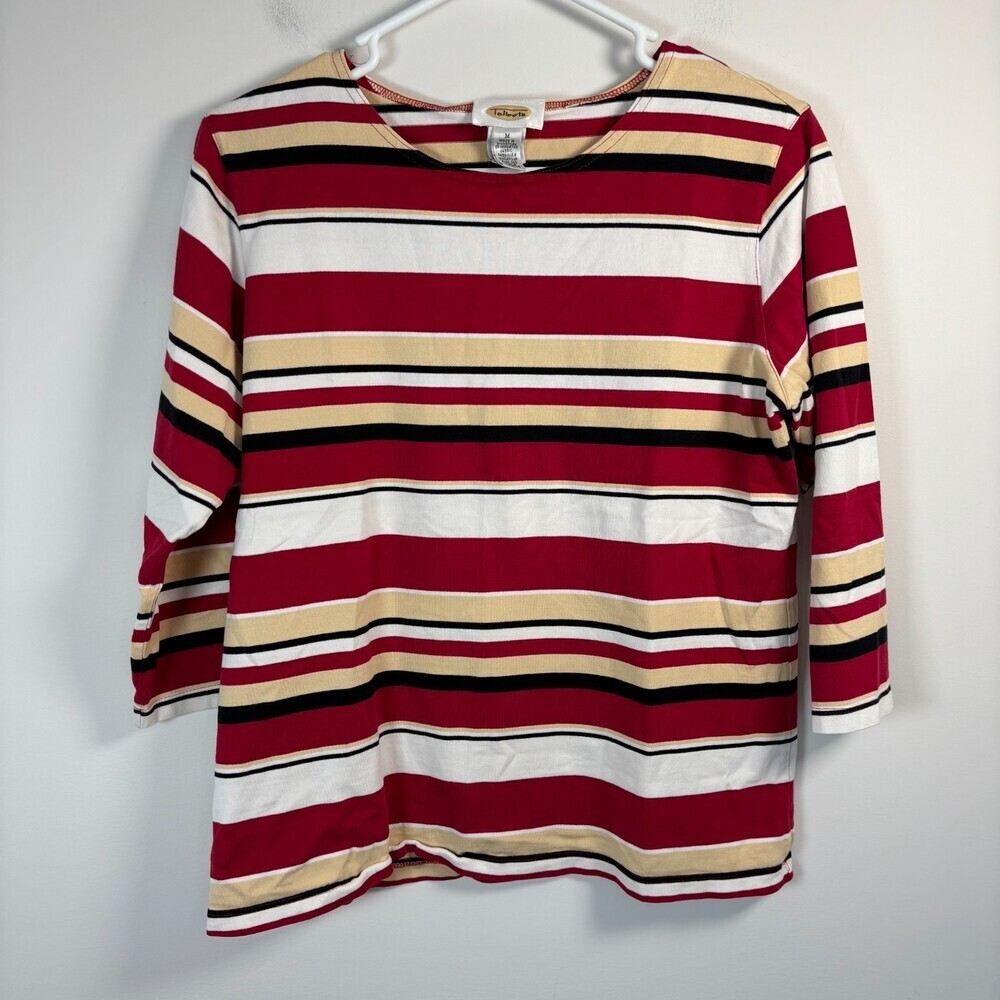 TALBOTS 3/4 Sleeve Striped Top Womens M 100% Cotton Stripes Red Stretch